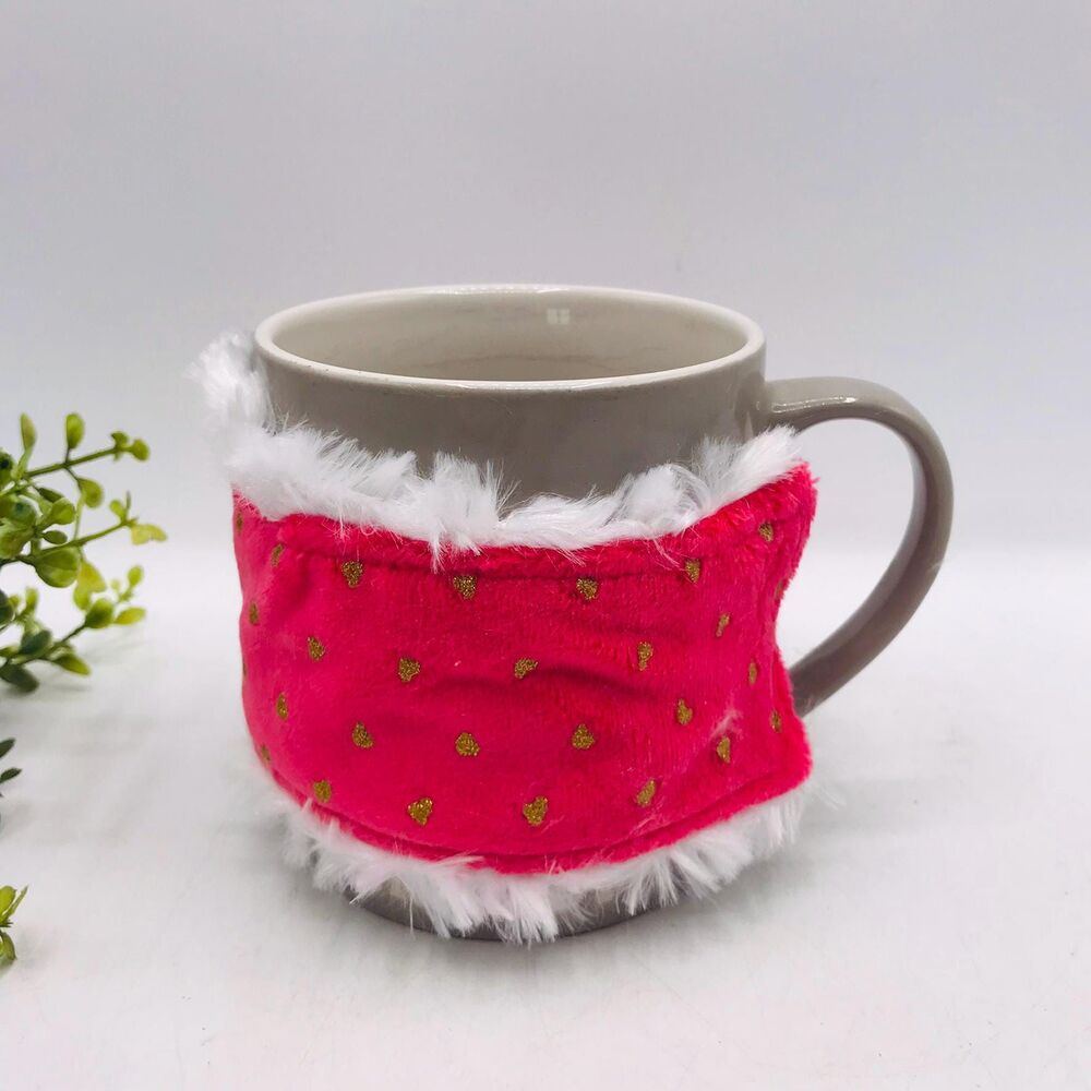 Handmade Mug Cozy, Pink Fleece, Glitter Dots, White Fur Trim, Stocking Stuffer